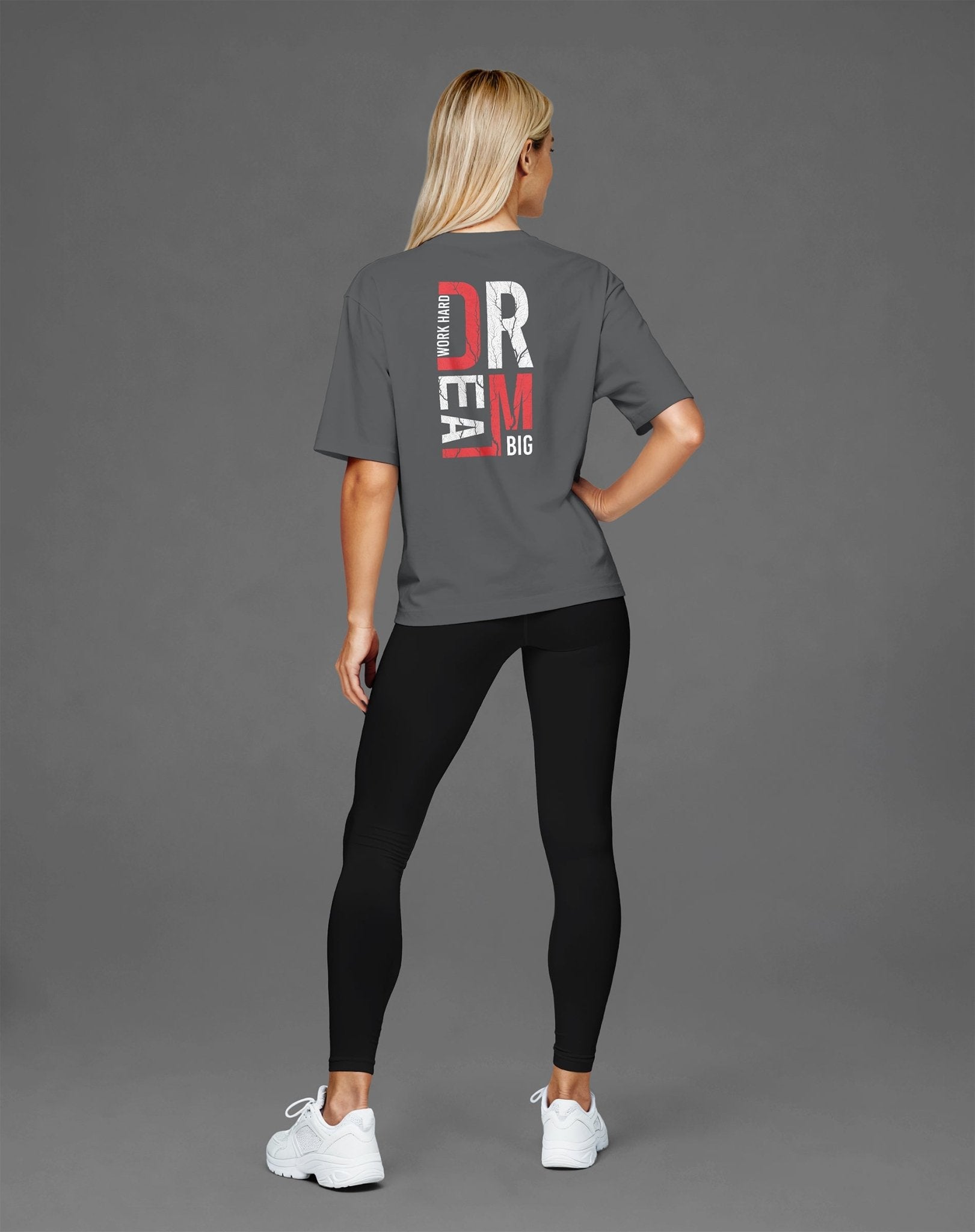 Graues Oversized Gym Shirt für Damen mit „Work Hard Dream Big“-Print – Rückseite, JAWX.