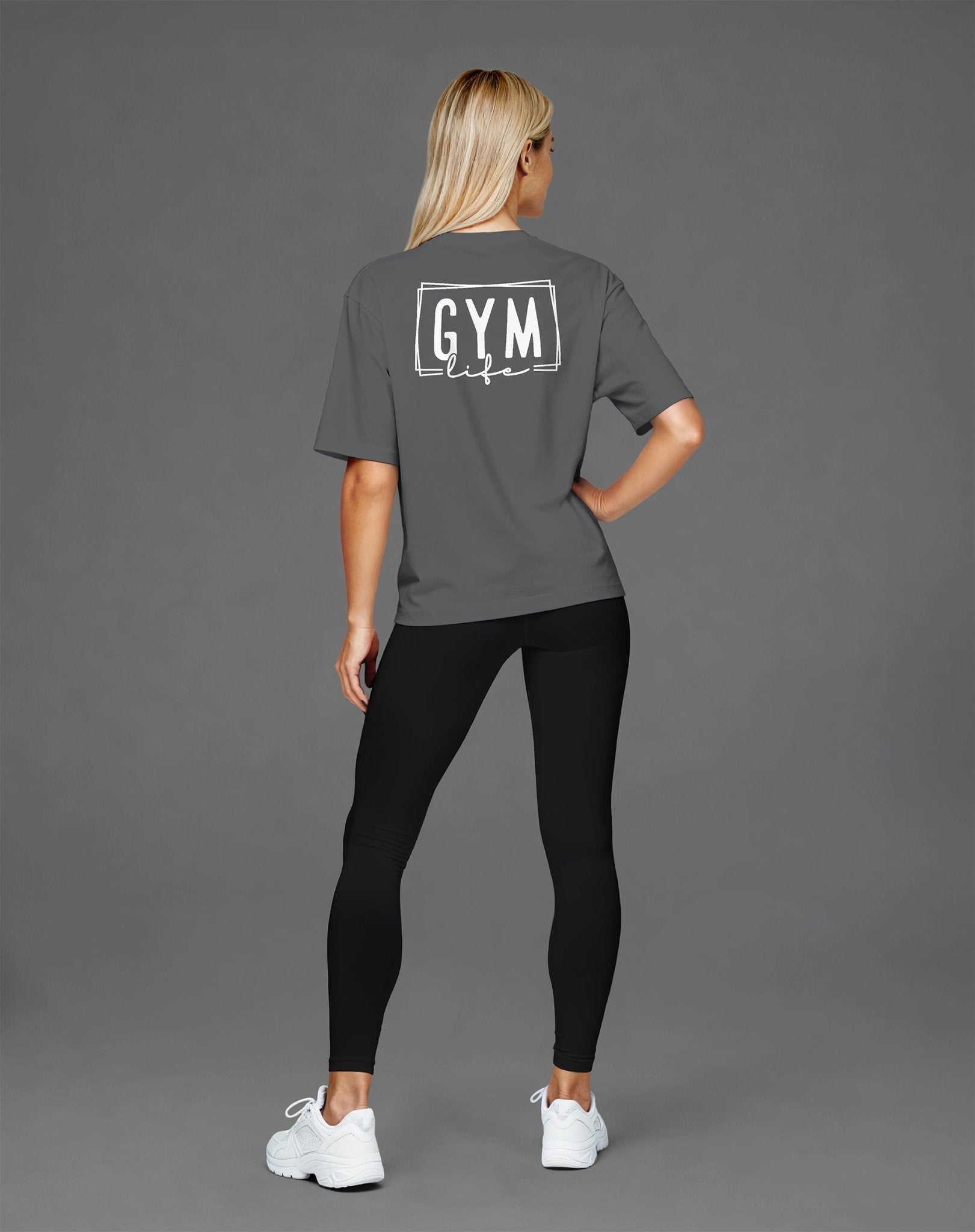 Graues Oversized Damen Gym Shirt mit „Gym Life“ Motiv – Fokus, Power & Haltung vereint