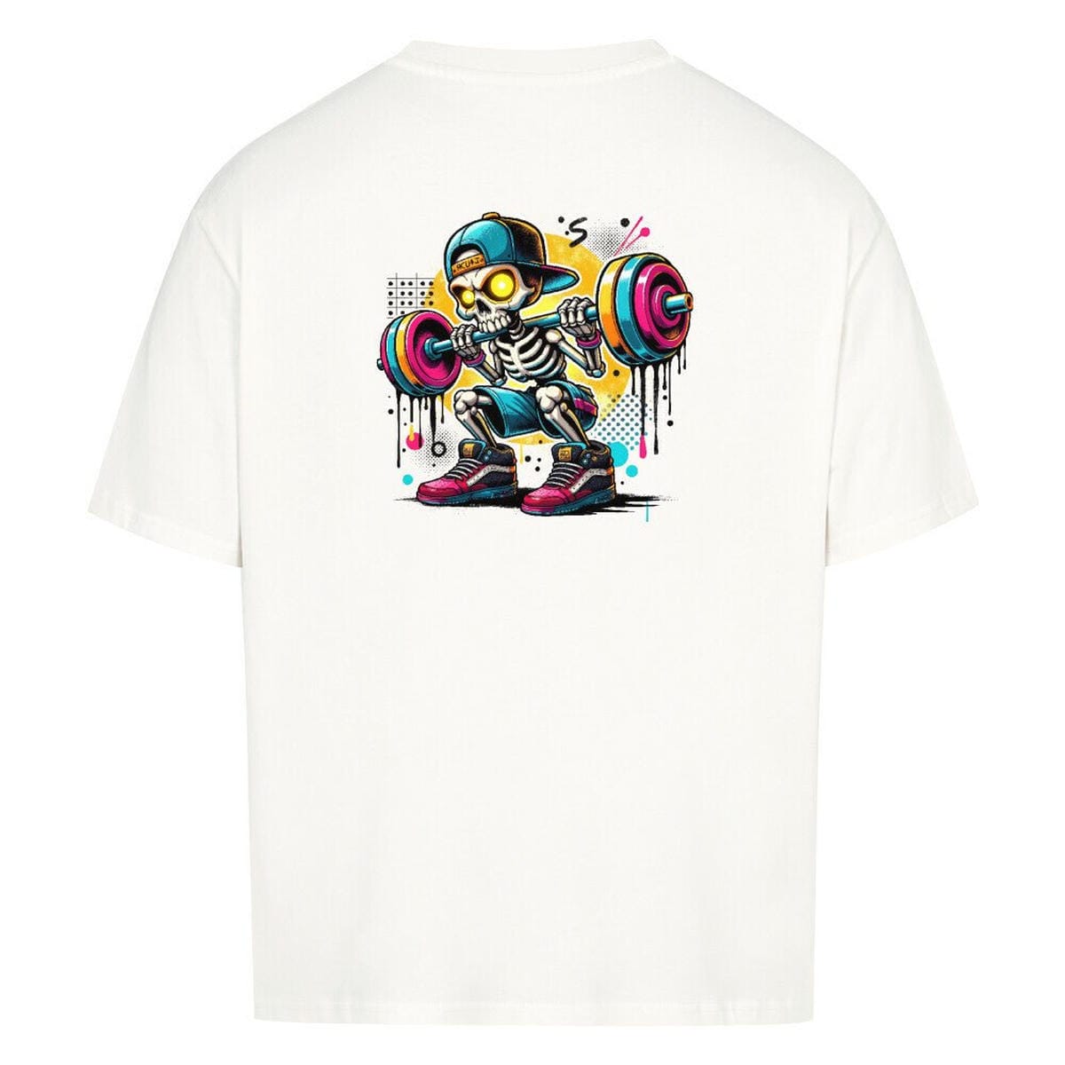 Weißes Deadlift Cartoon Shirt – bunter Skelett-Squat-Backprint.