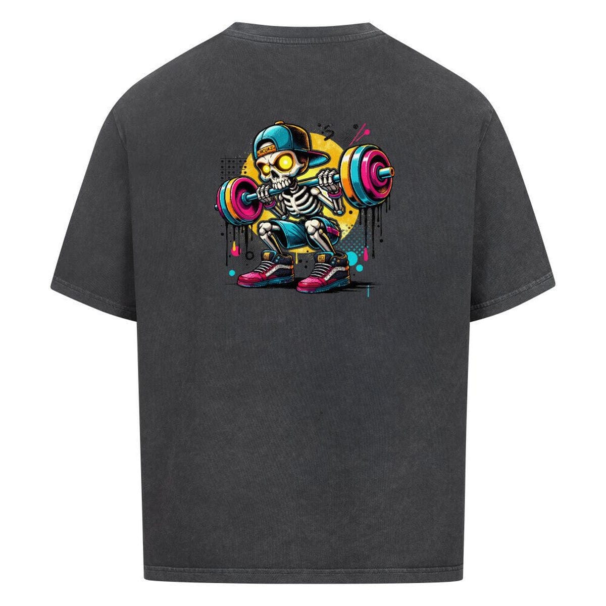 Washed Black Deadlift Cartoon Shirt – auffälliger Skelett-Hantel-Backprint.